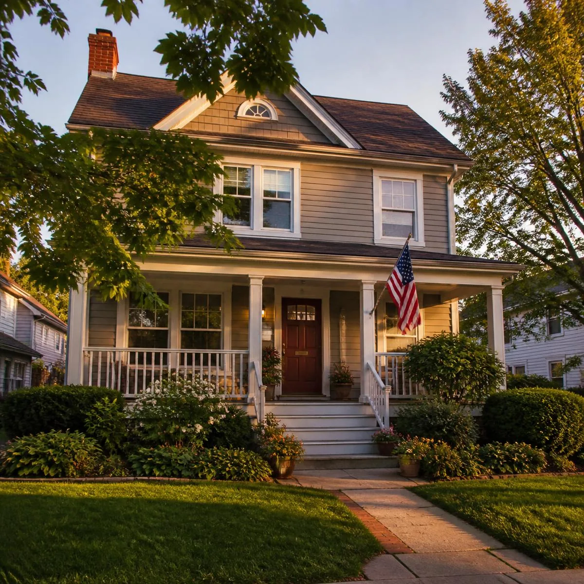 Welcoming American home with a front porch and flag — a safe, structured place to call home.