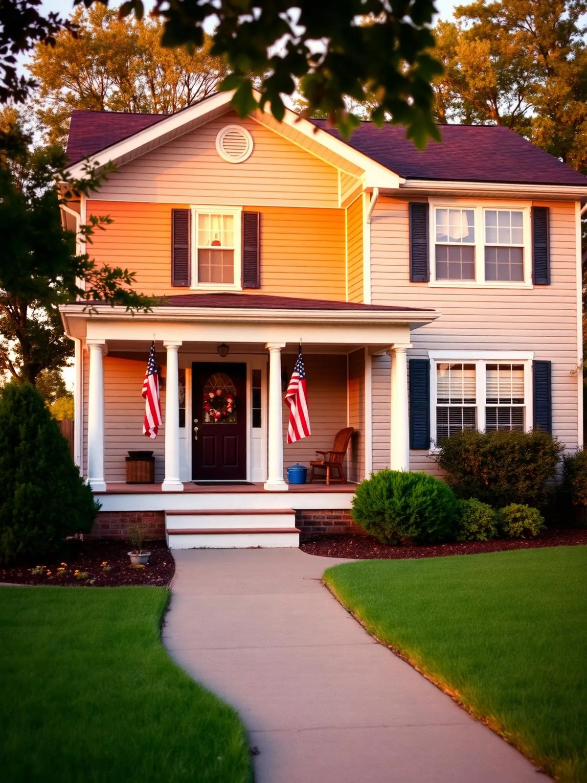 Two-story home with a welcoming front porch and American flags