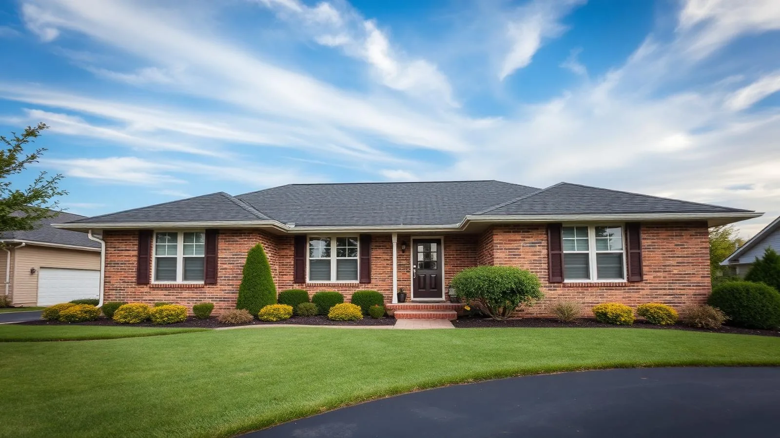 Brick ranch house with tidy landscaping and blue sky
