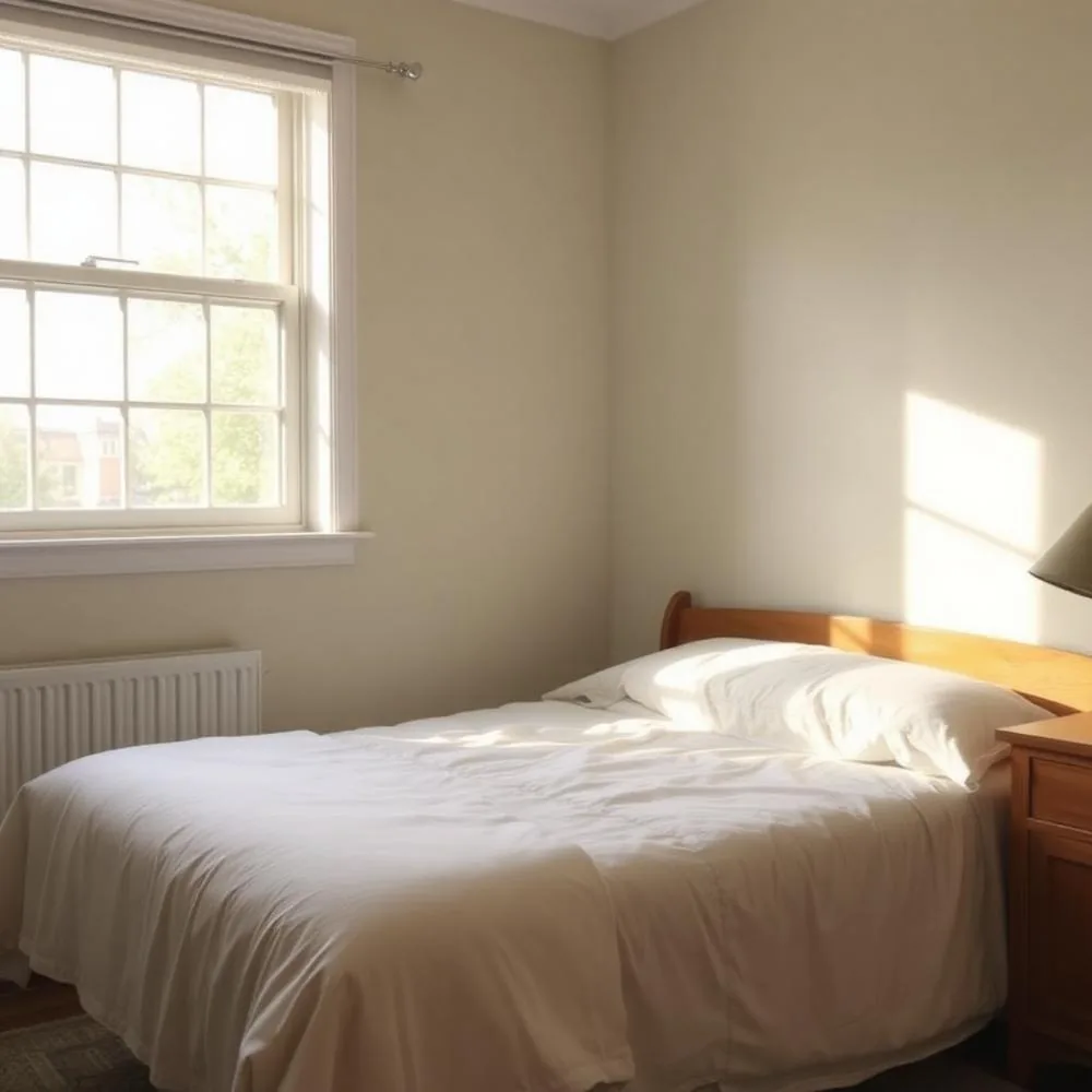 Clean, sunlit bedroom with a made bed