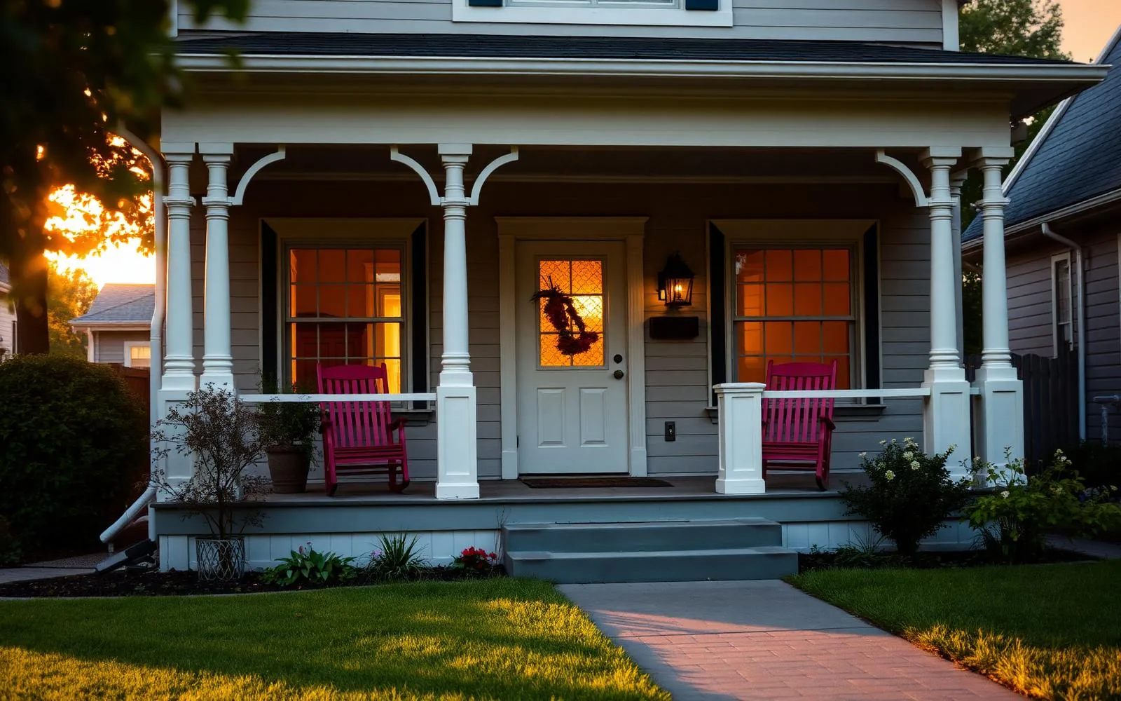 Craftsman porch with rocking chairs at golden hour
