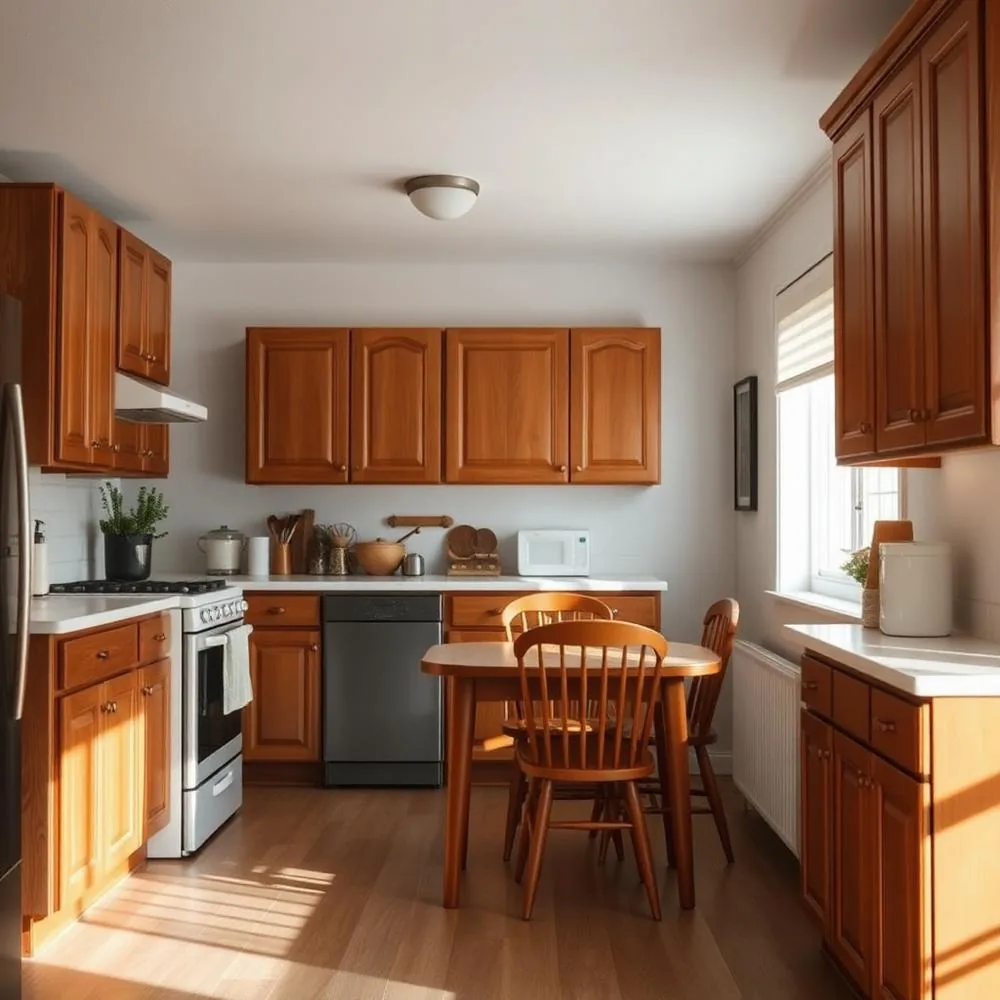 Warm shared kitchen with wooden cabinets and dining table